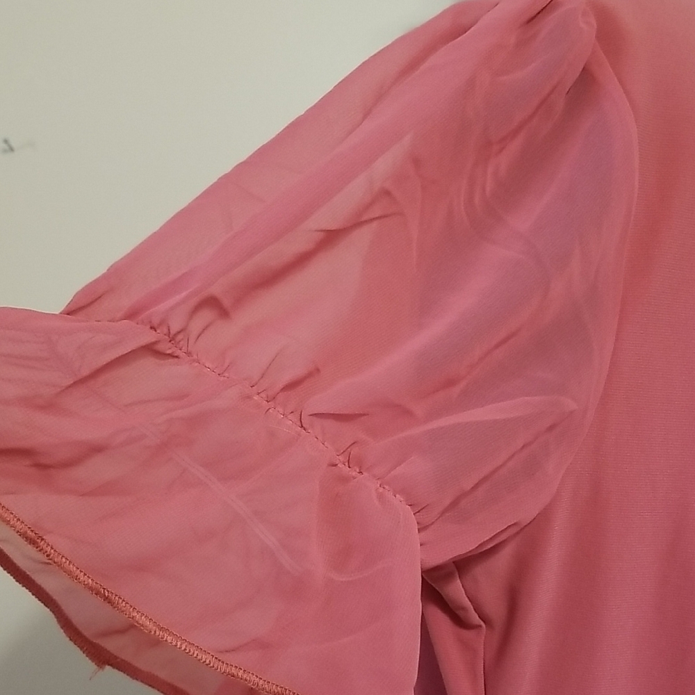 Adele & May Blush Pink Rhinestone Neckline Sheer Sleeve Blouse Career Office L - Picture 8 of 9